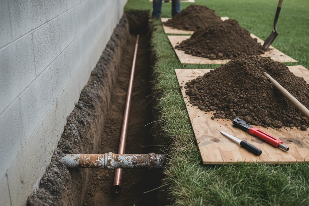 Excavated water line trench during Water Heater Repair in Pittsburg